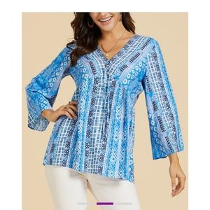 🆕 Blue Geometric Trope-Trim V-Neck Tunic